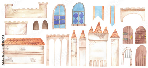 Watercolor fairytale castle objects set.