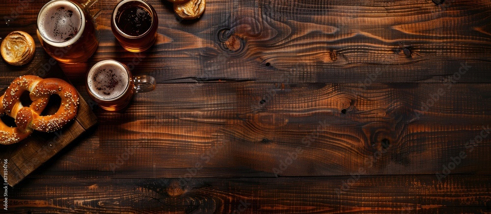 Table with Bavarian beer, pretzels, and copy space image.