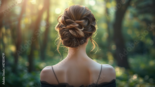 Rear view of a woman with an intricate updo hairstyle, captured in a dimly lit environment with bokeh lights. The elegant styling highlights the detail and texture of her blonde hair.