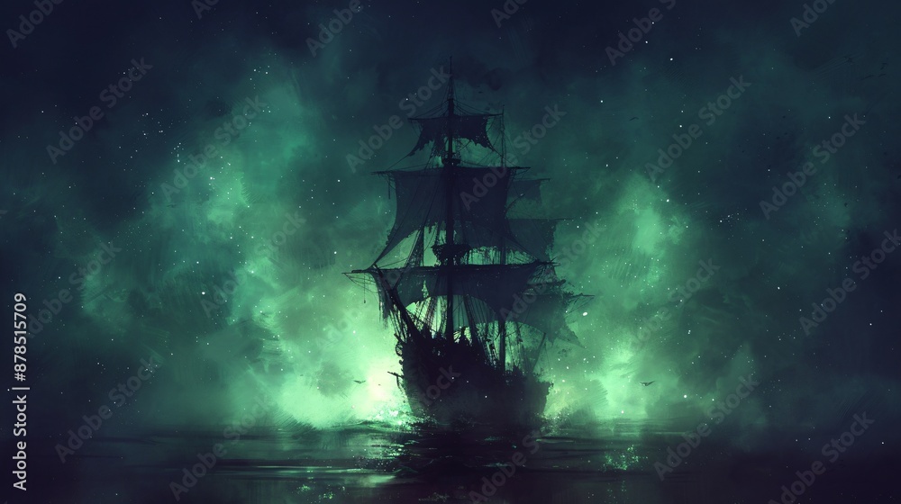 Abstract illustration of a ship journeying across a serene sea with a distant island framed by gentle waves in pastel blues and greens Abstract illustration of a ship journeying across a serene sea with a distant island framed by gentle waves in pastel blues and greens