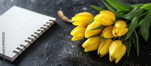 Yellow tulip bouquet on a black table with a notebook and a cat tail in the background, creating a serene copy space image. photo