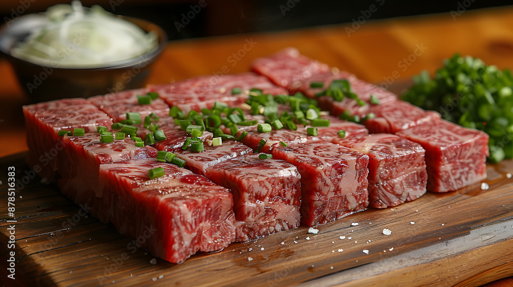 Close-up of raw marbled beef cubes garnished with chopped green onions, ready for cooking, placed on a wooden board Close-up of raw marbled beef cubes garnished with chopped green onions, ready for cooking, placed on a wooden board