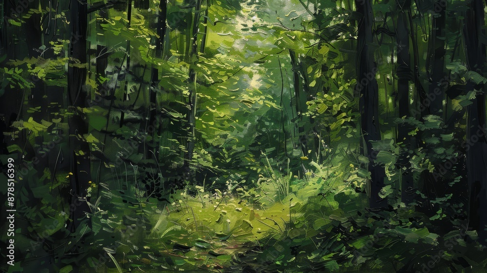 Fototapeta premium Sunlight is filtering through the canopy of trees in a lush green forest, illuminating the undergrowth and creating a sense of tranquility and peace