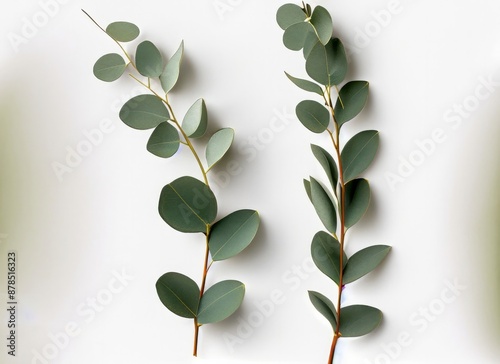 two eucalyptus twigs isolated over white background, natural design elements or props for flatlays and digital floristry, top view . High quality photo