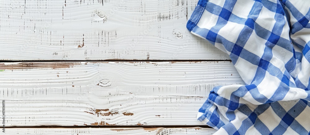 Fototapeta premium White wooden table with a border of blue checkered fabric for a charming touch, perfect for a copy space image.