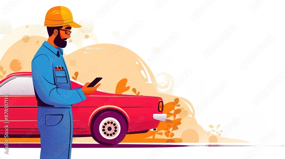 Mechanic using a smartphone near a car. Mechanic using a smartphone near a car.