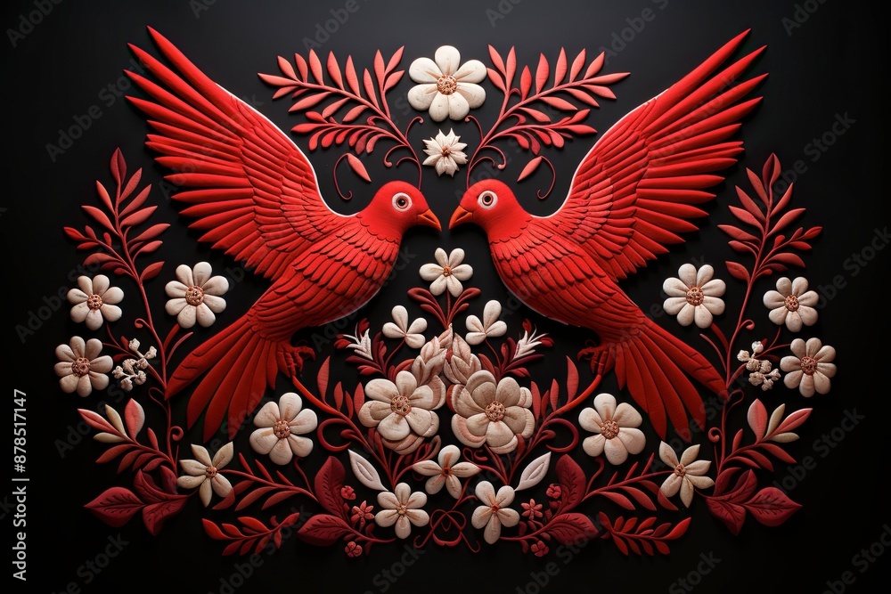 Fototapeta premium Two Doves Embroidery on a Mesoamerican-Inspired Crimson Canvas.