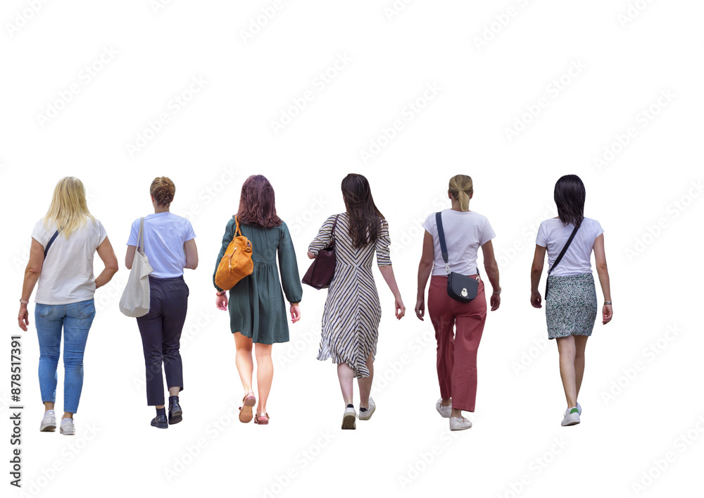 Fototapeta premium Groupe de six femmes vues de dos, cheveux variés, tenues décontractées incluant robes, pantalons et sacs en bandoulière, marchant côte à côte en été