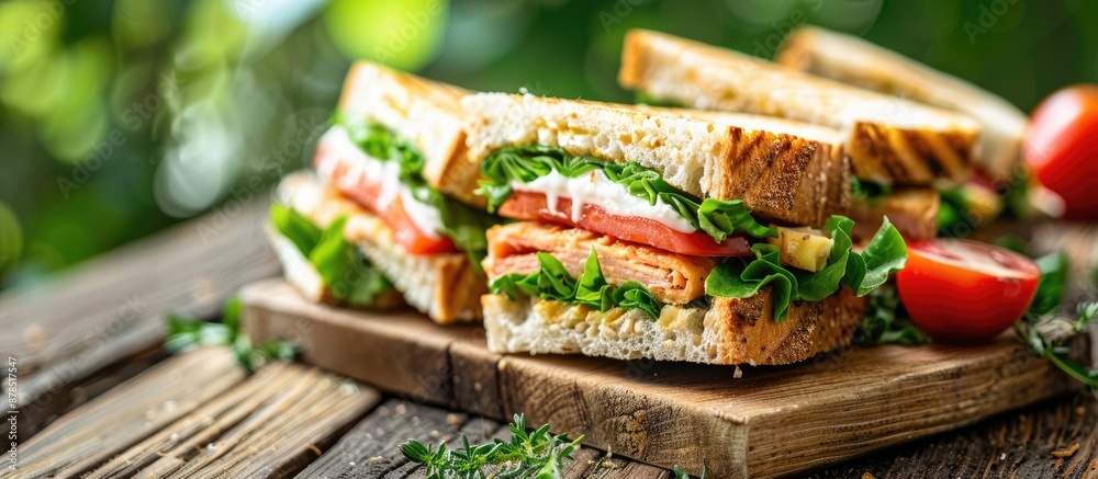 Outdoor presentation of a club sandwich with room for text or images. image with copy space Outdoor presentation of a club sandwich with room for text or images. image with copy space