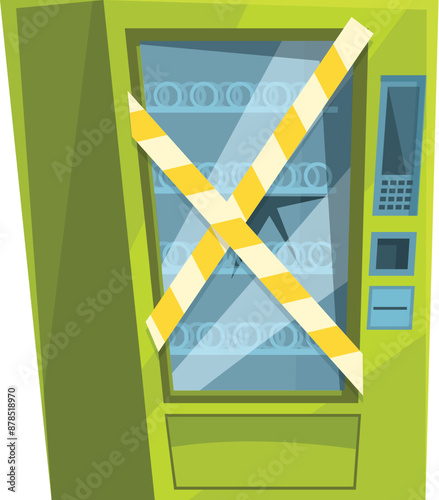 Green vending machine with broken glass standing behind yellow barrier tape