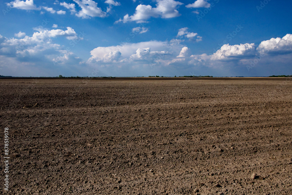 Brown soil of a large, empty farmland and clouds. Brown soil of a large, empty farmland and clouds.
