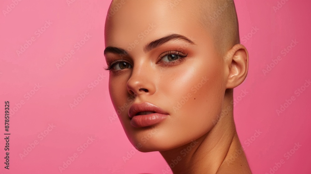 A bald woman with flawless skin and striking makeup looks directly at the camera A bald woman with flawless skin and striking makeup looks directly at the camera
