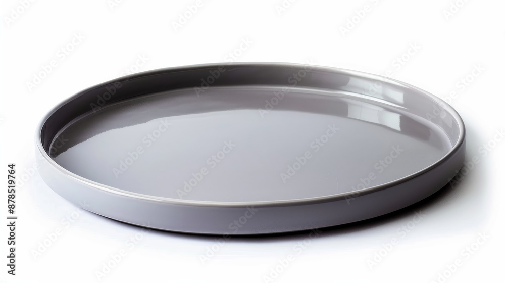 Round and gray plate with a rim, standing on a white background. Perfect for showcasing your food photography or culinary projects Round and gray plate with a rim, standing on a white background. Perfect for showcasing your food photography or culinary projects