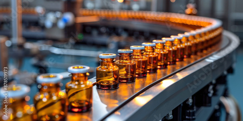 Automated Assembly Line with Medicine Bottles in a Pharmaceutical Factory photo