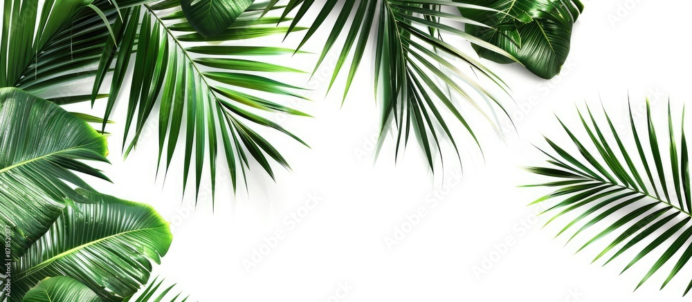 Isolated palm tree branches with lush green leaves on a white background, ideal for web design or wallpaper with copy space image. Isolated palm tree branches with lush green leaves on a white background, ideal for web design or wallpaper with copy space image.