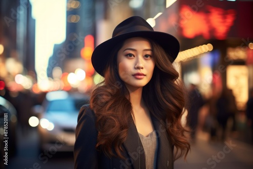Portrait of a tender asian woman in her 20s donning a classic fedora on bustling city street background © Markus Schröder