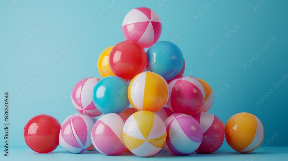 Colorful Beach Balls Stacked in a Pyramid on Blue Background Colorful Beach Balls Stacked in a Pyramid on Blue Background