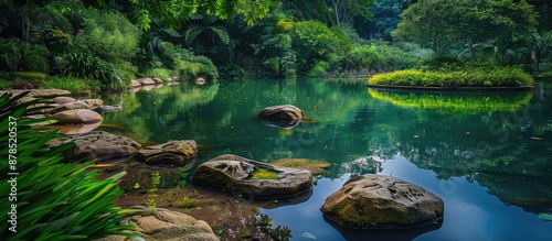Refreshing copy space image of rocks by a tranquil lake surrounded by lush, vibrant foliage in a park.