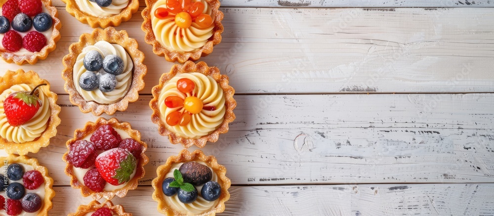 Various tasty tartlets displayed on a white wooden surface from a top angle with a backdrop for adding text, creating an appetizing copy space image. Various tasty tartlets displayed on a white wooden surface from a top angle with a backdrop for adding text, creating an appetizing copy space image.