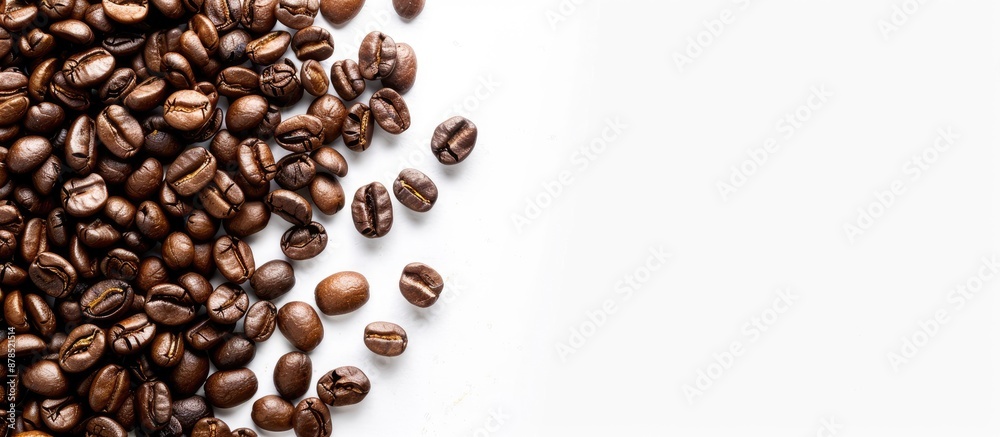 White backdrop with fresh coffee beans, providing a copy space image. White backdrop with fresh coffee beans, providing a copy space image.