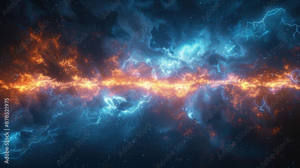Captivating image of deep space with orange and blue lightning, stars, and cosmic energy, perfect for design projects Captivating image of deep space with orange and blue lightning, stars, and cosmic energy, perfect for design projects
