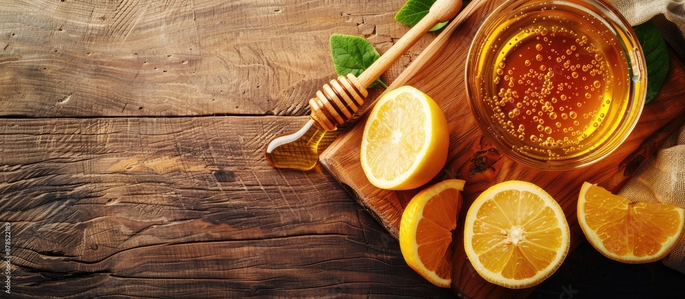 Light wooden board with hot honey and ingredients displayed, providing copy space image. Light wooden board with hot honey and ingredients displayed, providing copy space image.