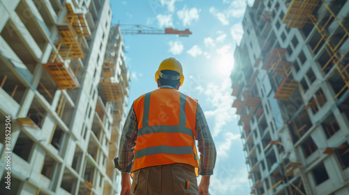 Construction Worker in Safety Gear Looking Up at High-Rise Buildings