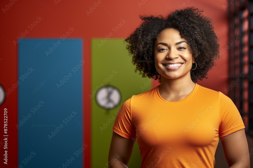 Portrait of a grinning afro-american woman in her 30s wearing a sporty polo shirt in vibrant yoga studio background Portrait of a grinning afro-american woman in her 30s wearing a sporty polo shirt in vibrant yoga studio background
