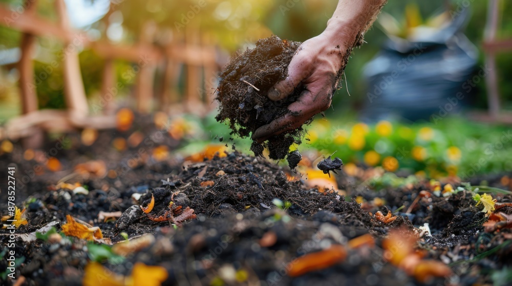 A human hand holding rich, dark compost soil, with bits of decomposed organic matter visible A human hand holding rich, dark compost soil, with bits of decomposed organic matter visible
