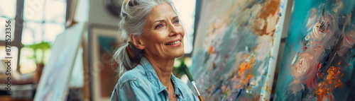 Elderly Woman Artist Painting in Her Art Studio photo