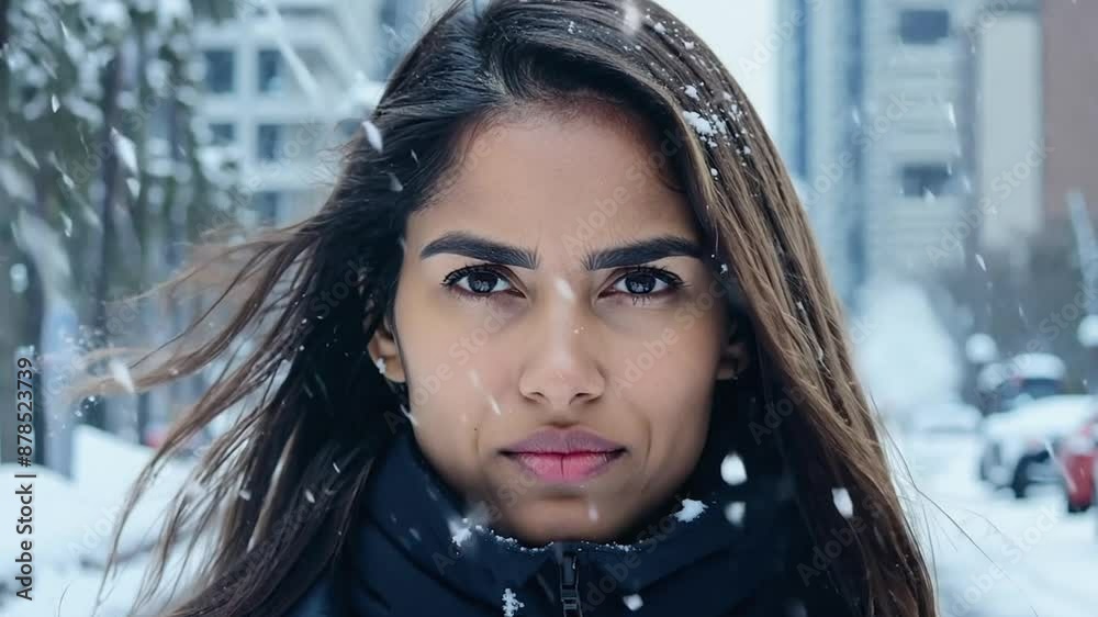 Young woman serious face portrait on a city street snowing Young woman serious face portrait on a city street snowing