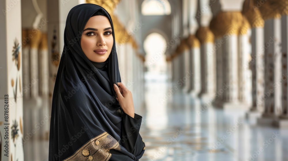 A woman in a black abaya with gold accents poses confidently in a grand hall A woman in a black abaya with gold accents poses confidently in a grand hall
