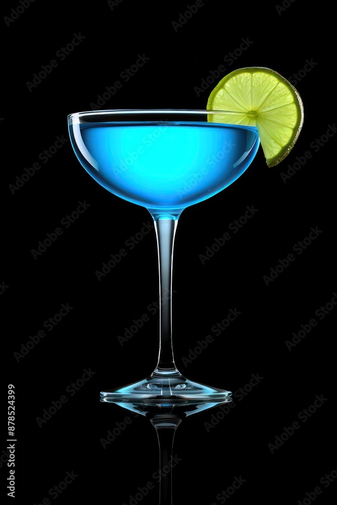 A glass of blue liquid with a slice of lemon in it A glass of blue liquid with a slice of lemon in it