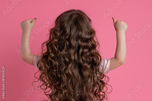 Portrait of a beautiful girl with luxurious curly long hair giving a thumbs up on pink background. Back view.