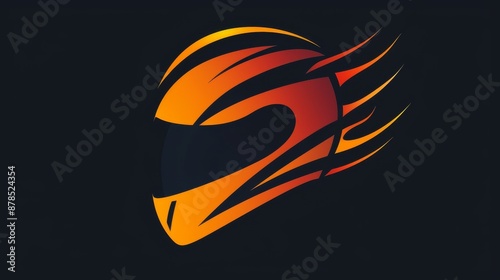 Orange and red racing helmet with flames emanating from the back, evoking speed and power. Perfect for logos, designs, and illustrations related to motorsports, racing, and competition photo