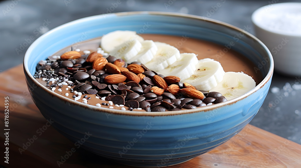 Delicious chocolate smoothie bowl topped with sliced bananas, almonds, chocolate chips, and seeds for a healthy breakfast Delicious chocolate smoothie bowl topped with sliced bananas, almonds, chocolate chips, and seeds for a healthy breakfast