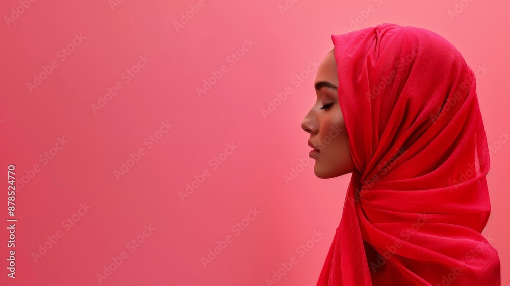 A glamorous Muslim woman showcasing fashion with a red headscarf on a pink backdrop A glamorous Muslim woman showcasing fashion with a red headscarf on a pink backdrop
