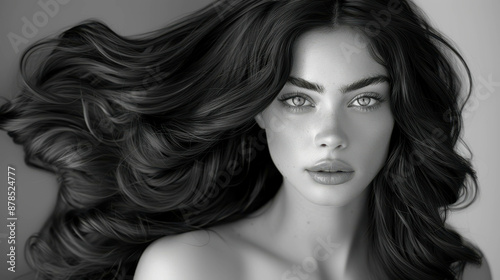 Striking black and white close-up portrait of a woman with flowing, voluminous hair. The image emphasizes her sharp features and captivating eyes, creating a dramatic and timeless look. © LarisaM