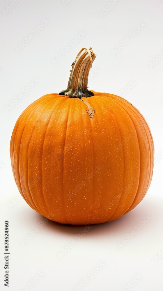 Obraz premium Large, ripe pumpkin sits on a white background, showing its vibrant orange color and textured skin. Its presence evokes feelings of autumn, harvest, and halloween festivities