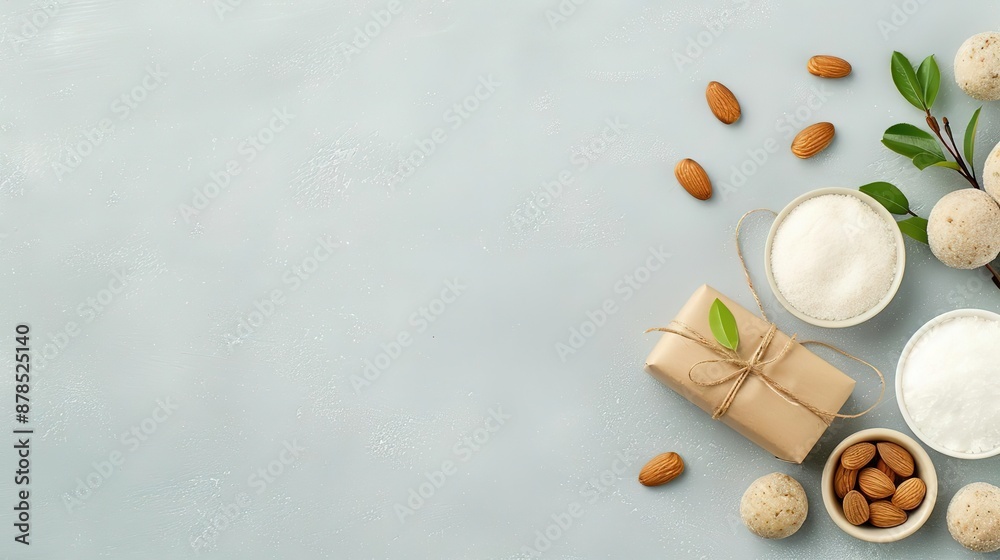 Top view, an arrangement of gourmet food items in elegant packaging, perfect for showcasing variety and quality on an e-commerce platform, with copy space in the center for product Top view, an arrangement of gourmet food items in elegant packaging, perfect for showcasing variety and quality on an e-commerce platform, with copy space in the center for product
