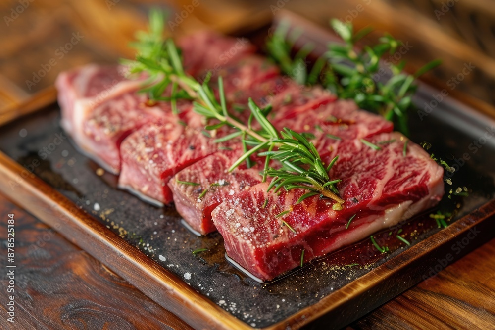 Large Wagyu ribeye with stunning marbling, juicy and delicious, presented on a wooden tray, natural lighting enhancing its textures, close-up shot for detail Large Wagyu ribeye with stunning marbling, juicy and delicious, presented on a wooden tray, natural lighting enhancing its textures, close-up shot for detail