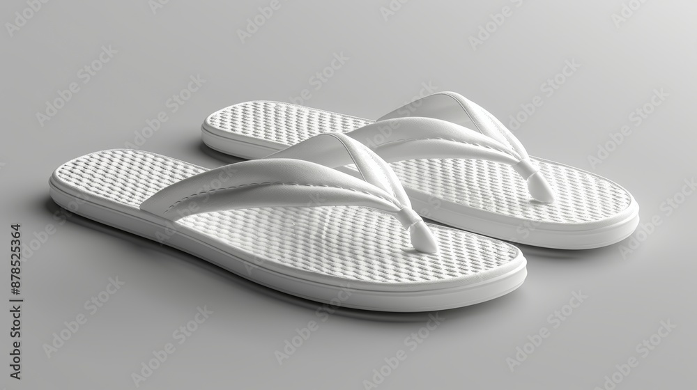 Stylish white flip flops on gray background evoke summer vibes and relaxation, perfect for men and women seeking fashion and comfort. Japanese-inspired design adds tradition and simplicity Stylish white flip flops on gray background evoke summer vibes and relaxation, perfect for men and women seeking fashion and comfort. Japanese-inspired design adds tradition and simplicity