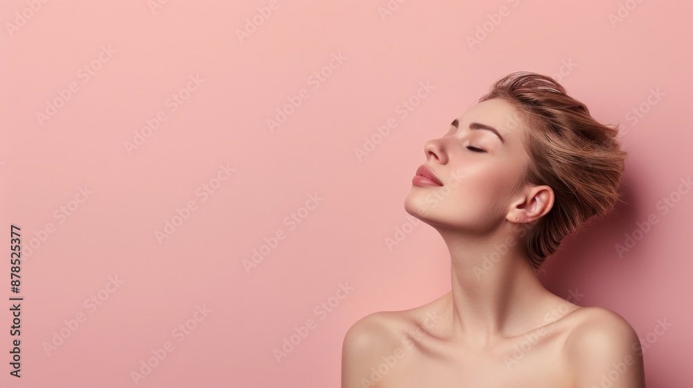 A young woman with eyes closed, gazing upwards, with a gentle smile A young woman with eyes closed, gazing upwards, with a gentle smile