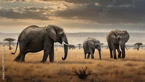 African Elephant Family in the Savanna.