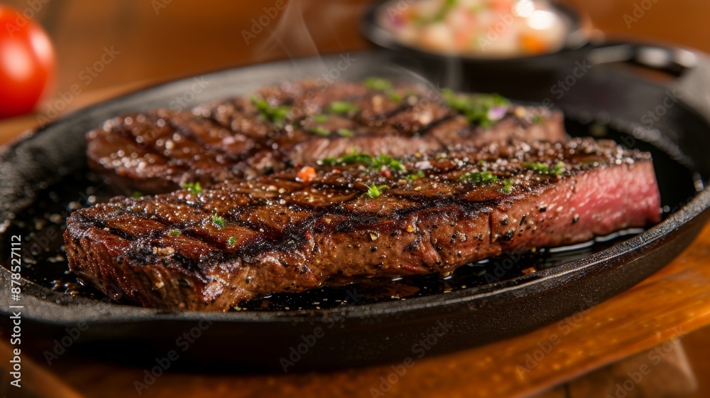 Iron steak plate with sizzling steak on a wooden table Iron steak plate with sizzling steak on a wooden table