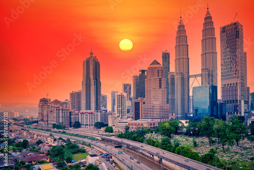Photography Cityscape of Kuala lumpur city skyline at sunrise in Malaysia.