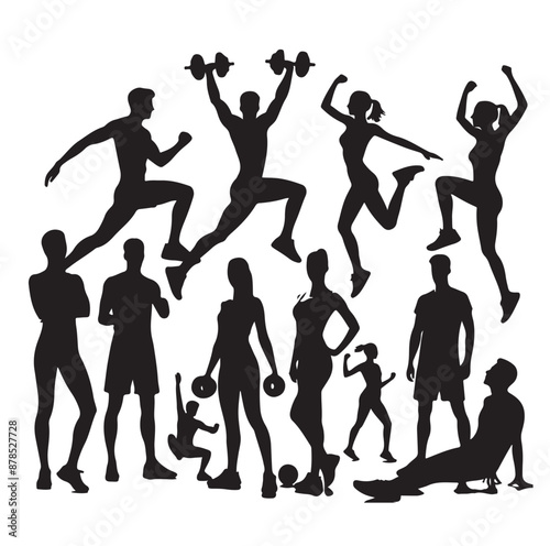 People Engaged In Fitness silhouettes vector illustration 