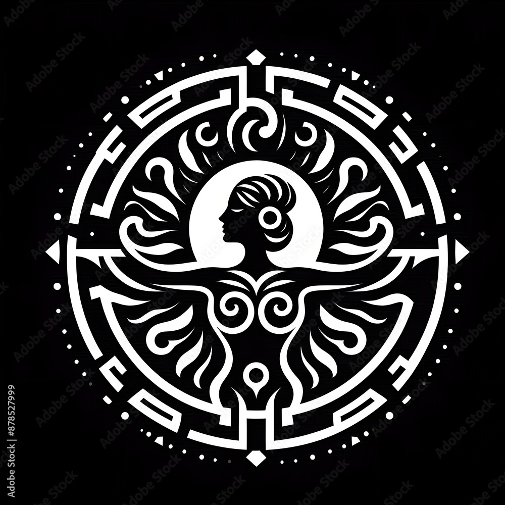 A striking black logo with a Greek goddess