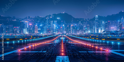 Cityscape at Night with Illuminated Skyscrapers and Roads photo