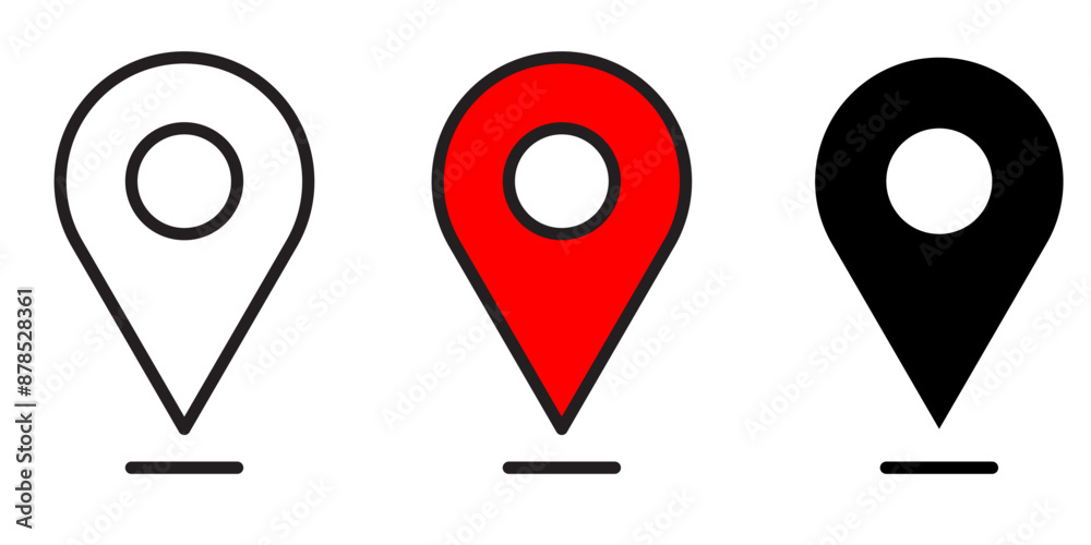 set of icons Location Pin, Map Pin, Place, Location, Address, location icon. Vector map pin, red pin on white background.